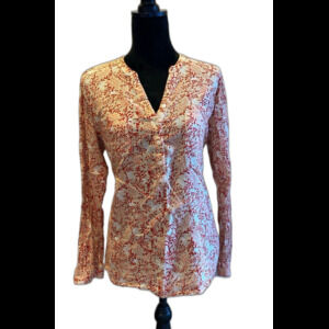 Old Navy Blouse Size Medium Top Orange Red Long Sleeve V Neck Textured Cotton